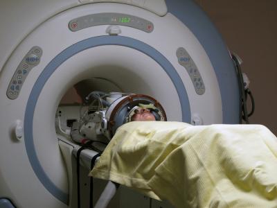 A patient has been prepared for neurosurgery with transcranial MR-guided High-Intensity Focused Ultrasound (HIFU).
