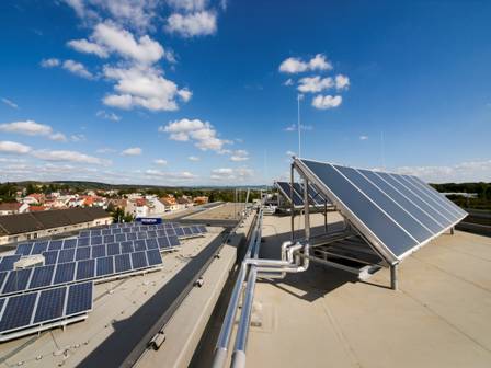 Solar power generators on the roof of the new building
